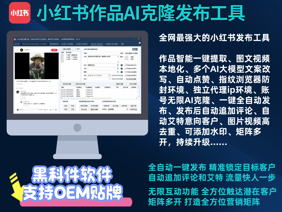 小红书笔记全自动克隆矩阵系统-批量矩阵克隆|AI一键改写|批量养号|独立防封IP|批量矩阵|商品图片批量去重发布最方便好用的多账号视频图文批量克隆搬运/指纹防封环境-兴雨资源