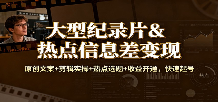 大型纪录片&热点信息差变现：原创文案+剪辑实操+热点选题+收益开通，快速起号-兴雨资源