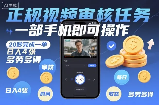 正规视频审核任务，一部手机即可操作，20秒完成一单，日入4张，多劳多得-兴雨资源